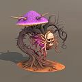 Fantasy Plant Design With Purple Spotted Mushroom Twisted Roots Tentacle Like Vines on Orange Ground