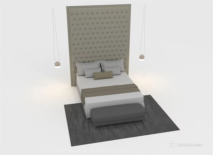 Modern Bedroom Interior Double Bed With Tufted Headboard Hanging Pendant Lights Grey Bench And Rug 3d model 