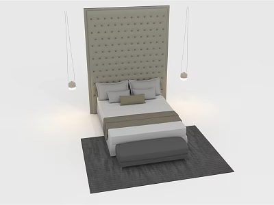 Modern Bedroom Interior Double Bed With Tufted Headboard Hanging Pendant Lights Grey Bench And Rug 3d model