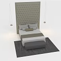 Modern Bedroom Interior Double Bed With Tufted Headboard Hanging Pendant Lights Grey Bench And Rug
