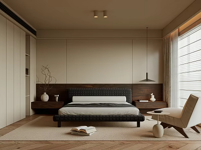 Modern Bedroom Interior Design With Bed Nightstand Accent Chair And Natural Lighting 3d model
