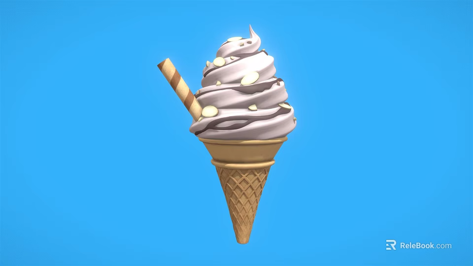 Delicious Creamy Swirled Ice Cream Cone With Chocolate Drizzle And Striped Wafer Stick 3d model 