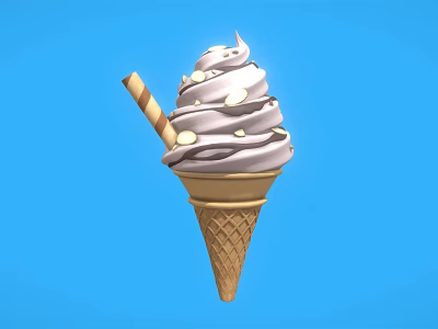 Delicious Creamy Swirled Ice Cream Cone With Chocolate Drizzle And Striped Wafer Stick 3d model