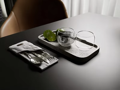 Simple Tableware Set With Glasses Tray Cutlery Napkin Package And Lime 3d model