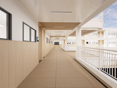 Open School Corridor With Wooden Walls And White Railings In Classroom Building 3d model