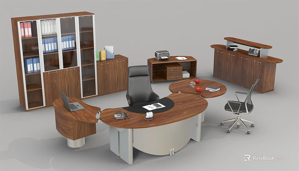 Curved Wooden Metal Office Desk With Laptop Files Coffee Cup Black Chair Bookcase Printer 3d model 