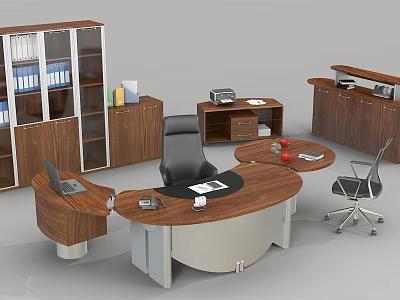 Curved Wooden Metal Office Desk With Laptop Files Coffee Cup Black Chair Bookcase Printer 3d model