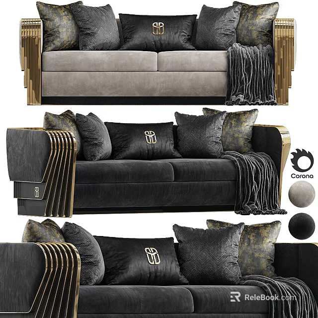 Elegant Modern Black Sofa Set With Gold Accents Plush Pillows And Soft Throw Blanket 3d model 