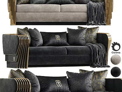 Elegant Modern Black Sofa Set With Gold Accents Plush Pillows And Soft Throw Blanket 3d model