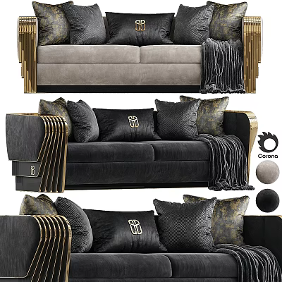 Elegant Modern Black Sofa Set With Gold Accents Plush Pillows And Soft Throw Blanket 3d model