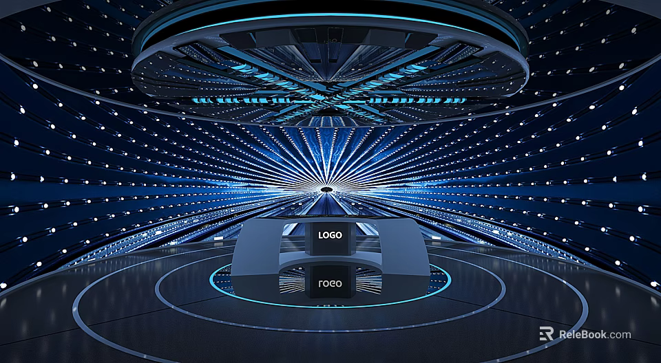 Modern Exhibition Hall With Futuristic Blue Lighting Circular Structure And Logo Display Area 3d model 