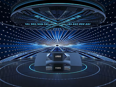 Modern Exhibition Hall With Futuristic Blue Lighting Circular Structure And Logo Display Area 3d model