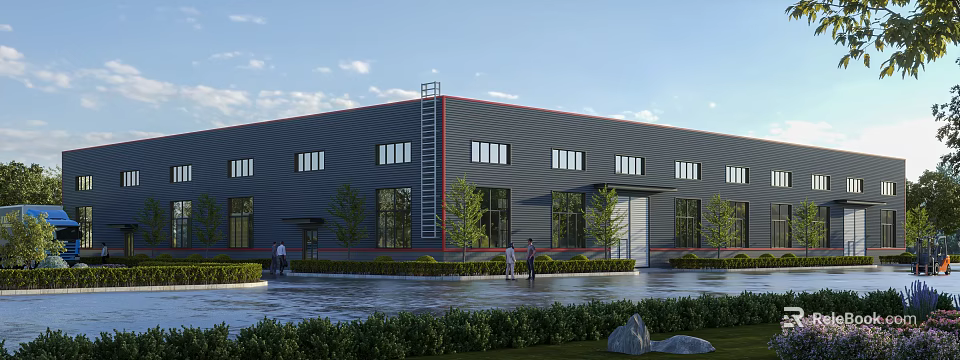 Modern Industrial Factory Building With Gray Steel Exterior Multiple Windows External Ladder And Green Landscaping 3d model 
