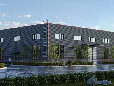 Modern Industrial Factory Building With Gray Steel Exterior Multiple Windows External Ladder And Green Landscaping 3d model