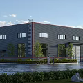 Modern Industrial Factory Building With Gray Steel Exterior Multiple Windows External Ladder And Green Landscaping