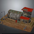 Oil Tank Converted Building Model With Red Roof Stones And Workshop Sign