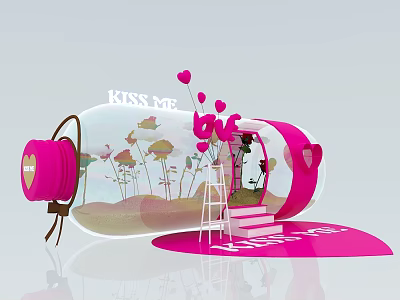 Pink Bottle Decorative Scene With KISS ME Text Hearts Ladder And Flowers 3d model