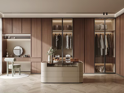 Modern Walk In Closet Interior With Wooden Cabinets Island Mirror And Chair 3d model
