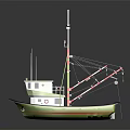 Green White Fishing Boat with Upper Cabin Masts Antennas and Red White Stripes