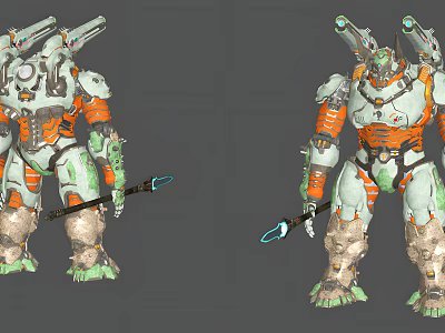 Intelligent Machines With Orange And Green Mechanical Armor And Spear Like Weapons Design 3d model