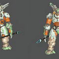 Intelligent Machines With Orange And Green Mechanical Armor And Spear Like Weapons Design