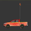 Red Military Pickup Truck Featuring Orange Flag On Roof And Dark Reflective Surface