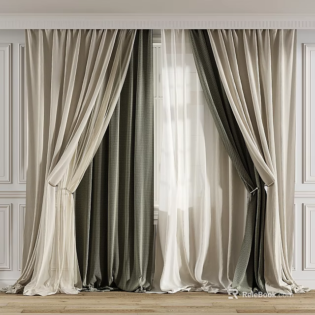 Elegant Beige And Dark Green Double Layer Curtains With Sheer Inner On White Wall Background 3d model 