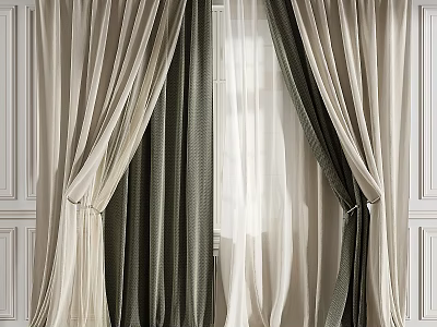 Elegant Beige And Dark Green Double Layer Curtains With Sheer Inner On White Wall Background 3d model