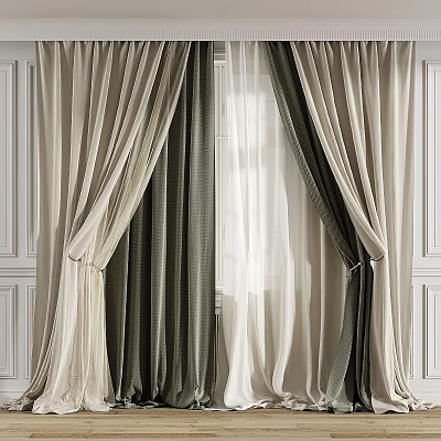 Elegant Beige And Dark Green Double Layer Curtains With Sheer Inner On White Wall Background 3d model