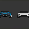 Sleek Blue And White Sports Cars With Red Brake Calipers And Reflective Black Background