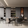 Modern Dining Room Interior With Gray Cabinets Shelves Dining Table Vase And Black Beige Chairs
