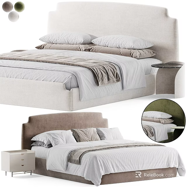 Modern Double Bed With Upholstered Headboard Plush Pillows Neutral Bedding Bed Runner And Bedside Table 3d model 