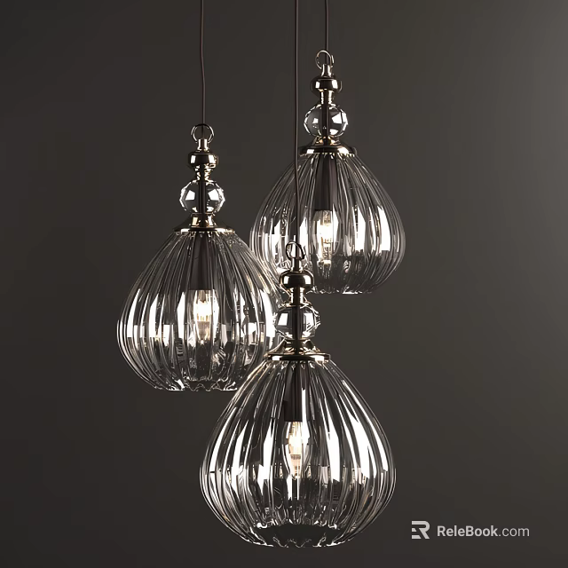 Three Elegant Ribbed Glass Pendant Lights With Metal Bases Illuminated On Dark Background 3d model 