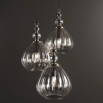 Three Elegant Ribbed Glass Pendant Lights With Metal Bases Illuminated On Dark Background 3d model