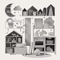 Cute Kids Room Decorative Ornament Set With Rainbow Cloud Animal Stickers Toy Kitchen Storage Shelves