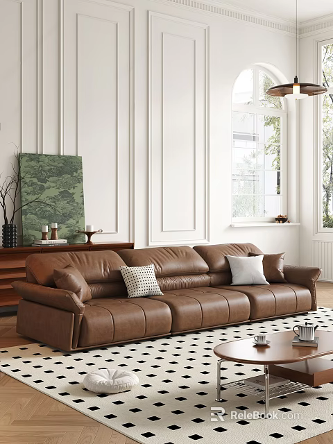 Brown Leather Sectional Sofa With Two Cushions Against White Wall And Green Painting Near Window 3d model 