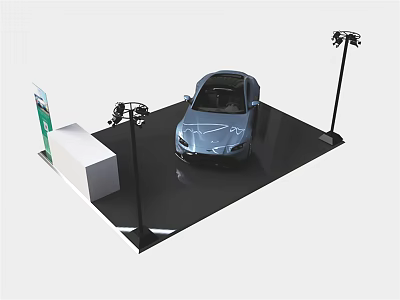 Silver Car on Black Display Platform with Lighting Equipment and Information Stand 3d model