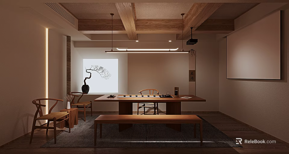 Teahouse Interior Design Featuring Wooden Beam Ceiling Hanging Lights Long Table Tea Sets And Chairs 3d model 