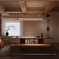 Teahouse Interior Design Featuring Wooden Beam Ceiling Hanging Lights Long Table Tea Sets And Chairs 3d model