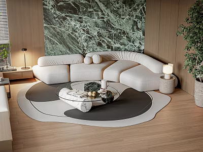 Modern Light Sofa and Coffee Table Set with Marble Wall Wood Flooring Rug and Plants 3d model