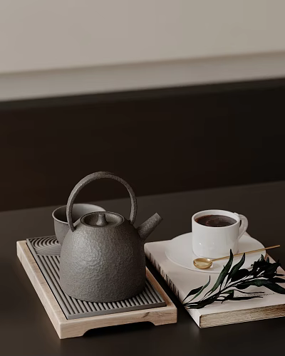 Decorative Ornament Set with Gray Teapot Cups Coffee Wooden Tray Golden Spoon and Green Plants 3d model