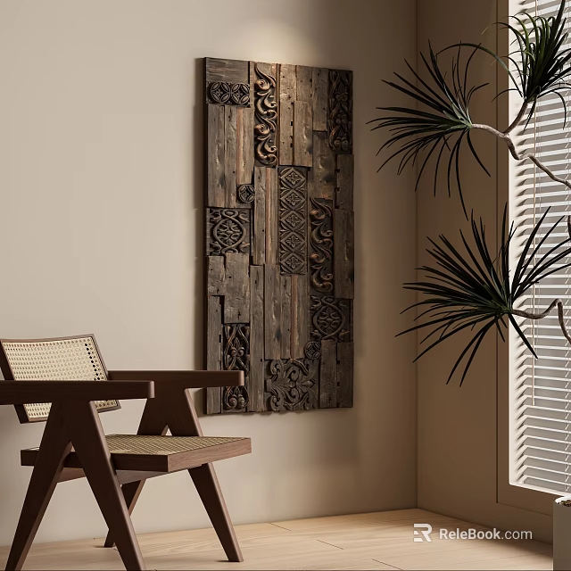 Wooden Carved Wall Decor In Home Interior With Rattan Chair And Potted Plant 3d model 