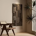 Wooden Carved Wall Decor In Home Interior With Rattan Chair And Potted Plant