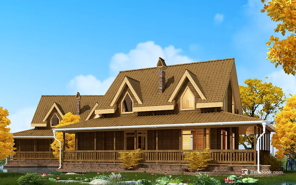 Detached Villa Exterior With Brown Gable Roof Chimneys Porch Railing And Yellow Trees 3d model 