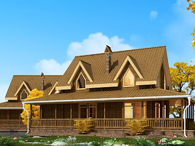 Detached Villa Exterior With Brown Gable Roof Chimneys Porch Railing And Yellow Trees 3d model