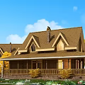 Detached Villa Exterior With Brown Gable Roof Chimneys Porch Railing And Yellow Trees