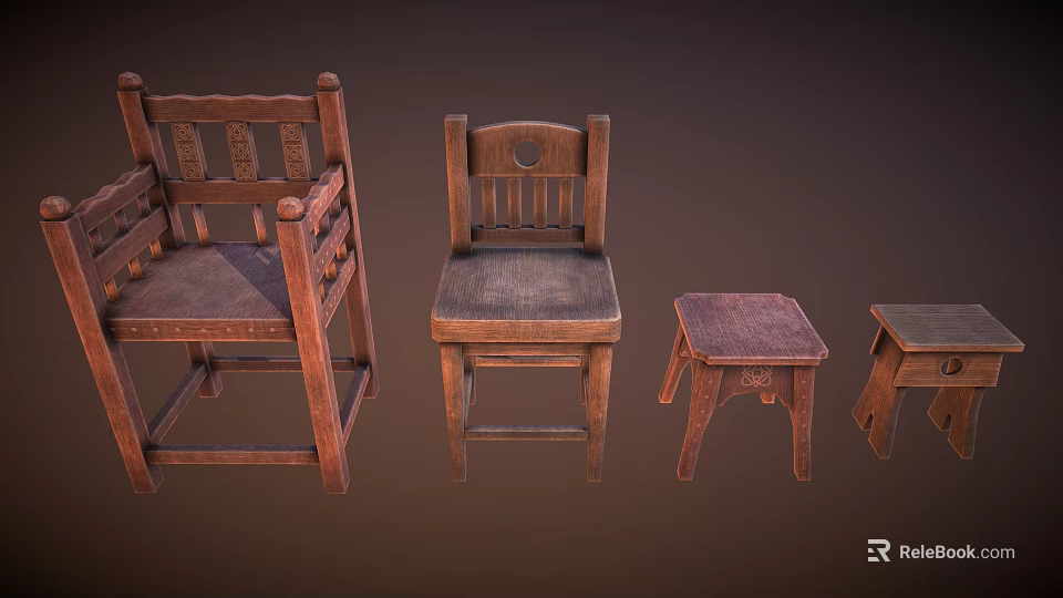 Vintage Wooden Furniture Collection Featuring Classic Chairs And Rustic Stools 3d model 