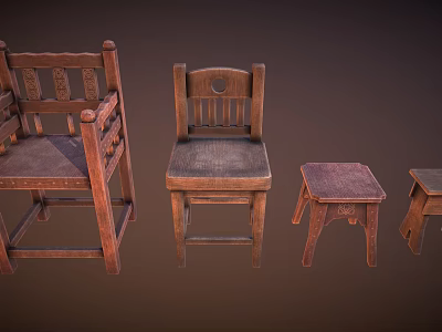 Vintage Wooden Furniture Collection Featuring Classic Chairs And Rustic Stools 3d model