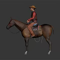 Cowboy In Red Shirt And Orange Hat Riding Brown Horse With Saddle And White Hooves