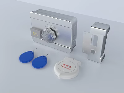 Electronic Lock Set With Silver Body Blue Key Fobs And Emergency Device 3d model